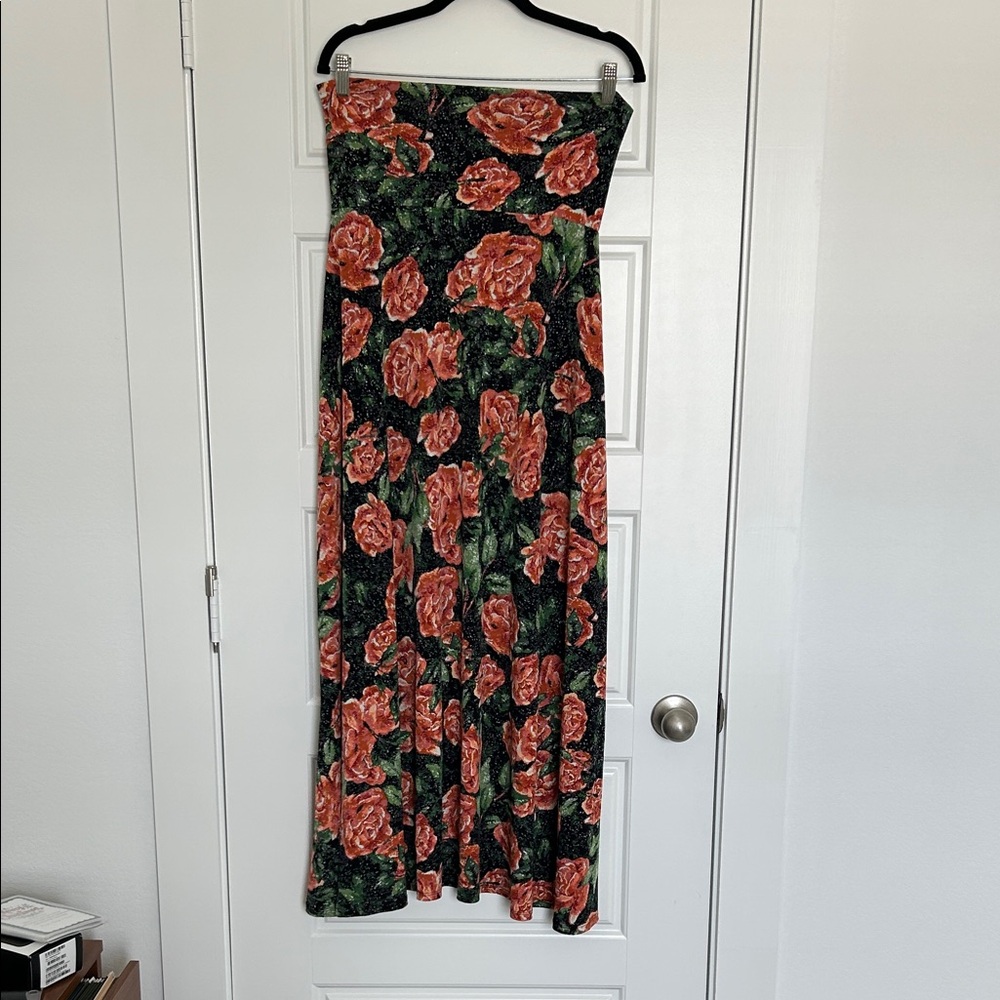 LuLaRoe Black Maxi Skirt with Coral and Green Floral Print